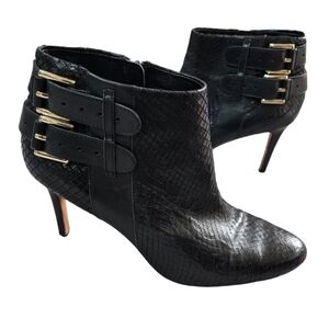 Ann Taylor Black Leather Faux Snakeskin Buckle Accent Booties Stiletto Heel